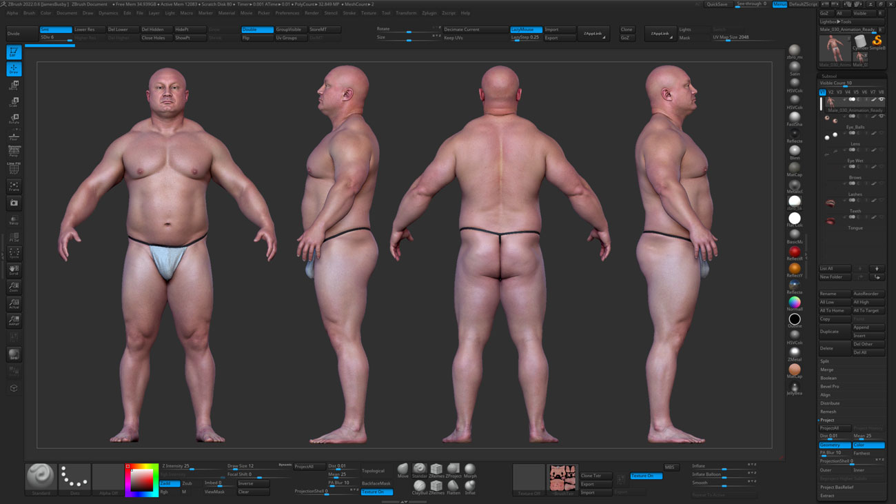 ZBrush ZTool render of a heavy-set male 3D body scan at high subdivision showing sculpt-ready geometry and surface detail
